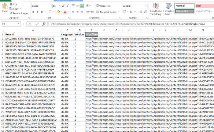 Sitecore Content Editor Direct Url in Excel